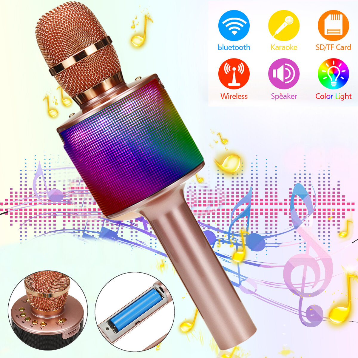 Wireless Microphone bluetooth Speaker HIFI TF Card AUX-In Luminous 2600mAh Music Player Recorder for K Songs Karaoke KTV Singing