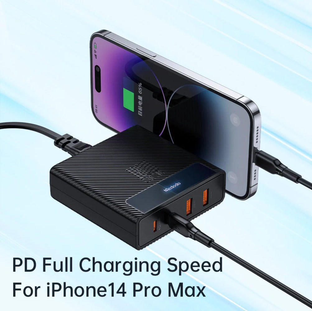 100W 4-Port USB PD Charger: Dual Type-C & USB-A, Fast Charging, EU Plug, 1.5M Cable