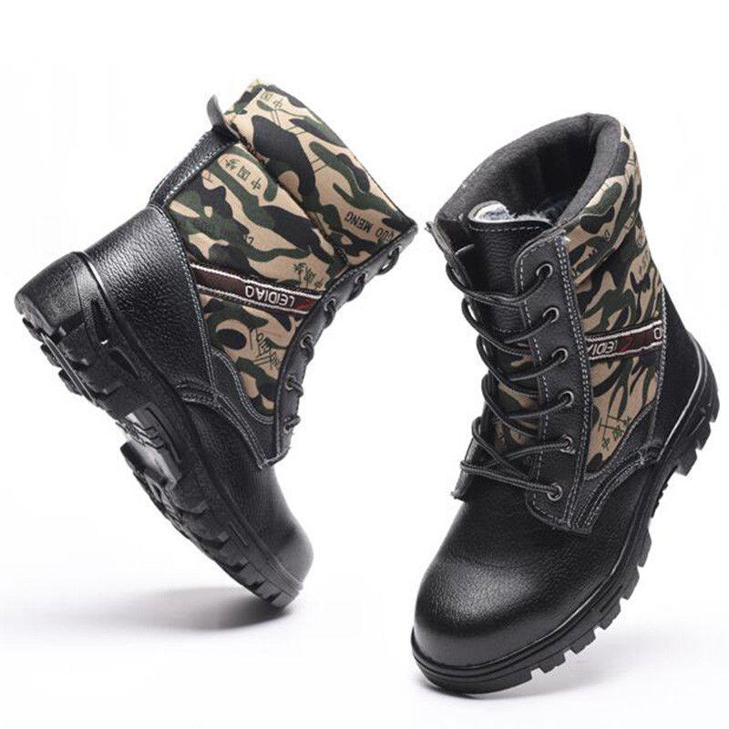 Winter Men Camouflage Steel toe Fur Lined work Ankle boots Labor Safety Shoes Work Shoes Waterproof