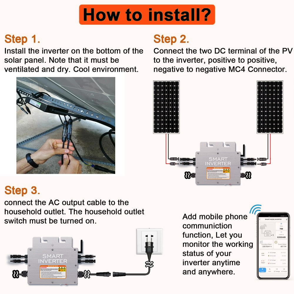 1000W Grid Tie Micro Solar Inverter Waterproof IP65 Input 20-60V Output 110V 230V Wifi Pure Sine Wave Converter