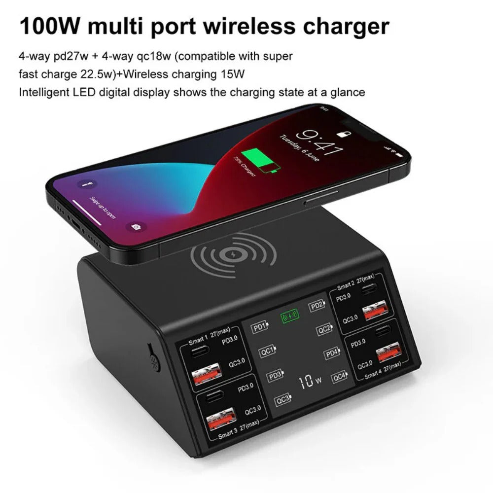 100W 8-Port USB PD Charger, Fast Charging Station with Wireless Pad for iPhone, Samsung, Oppo, Redmi