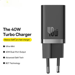 GaN5 Pro 40W Dual USB-C Fast Charger, EU Plug for iPhone, Hui, Xiaomi, Samsung