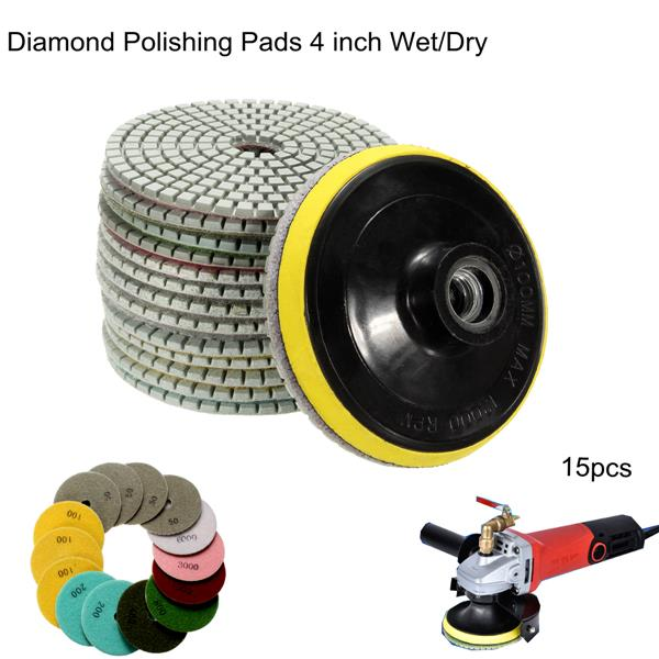 15pcs 4 Inch Polishing Pads Set 50-6000 Grit Wet Dry Diamond Polishing Pads with Self-Adhesive Disc