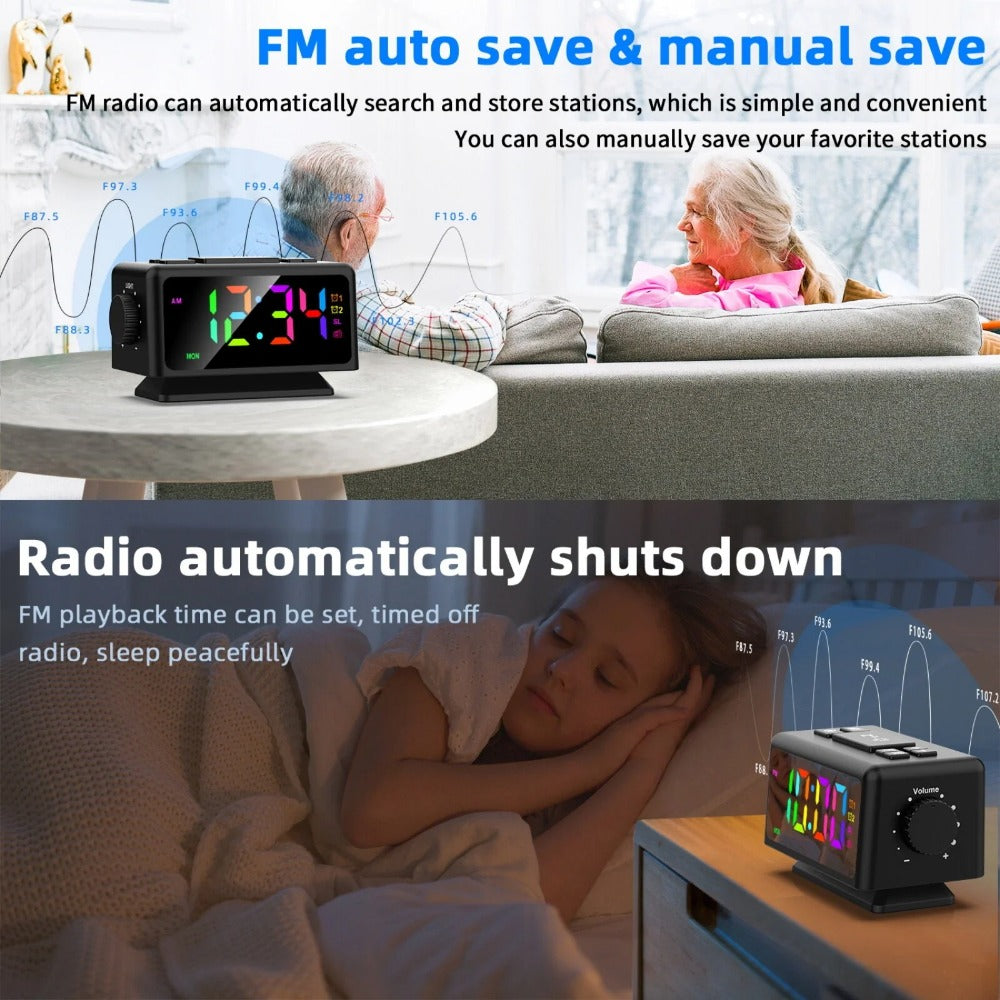 RGB Digital Alarm Clock with FM Radio, Dual Alarms, Snooze, Dynamic Display, 12/24H, Date, USB Charging - Ideal for Home & Office