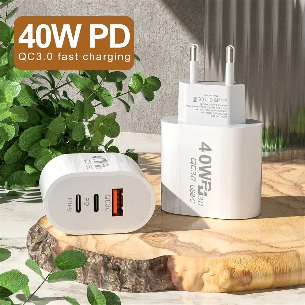 40W 3-Port USB PD Charger, Dual USB-C+USB-A, Fast Charging Adapter for iPhone, Samsung, Hui