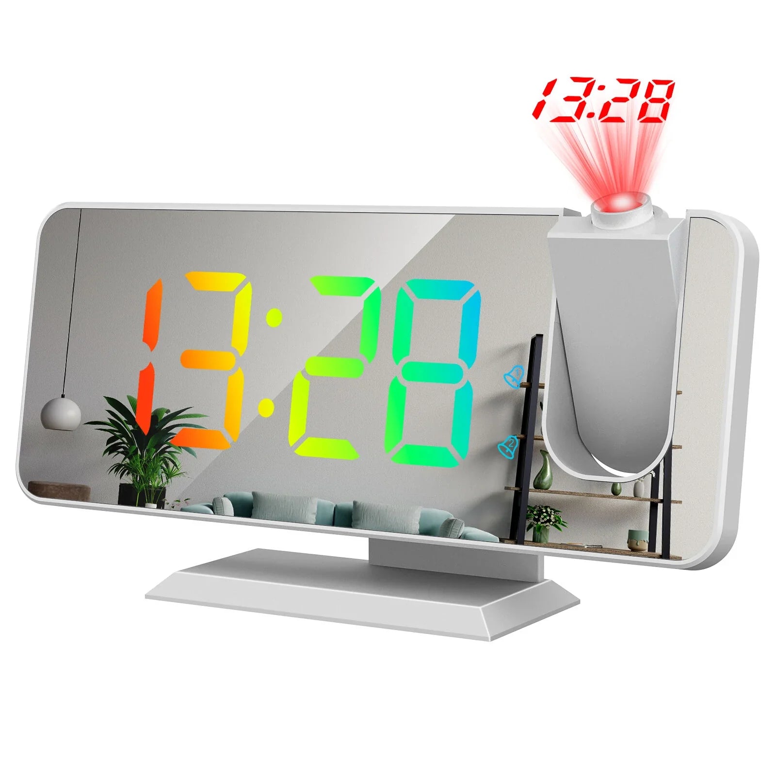 RGB LED Projection Alarm Clock: 180° Projector, 11 Colors, Mirror Surface, USB Charger, Adjustable Brightness - Bedroom/Living Room