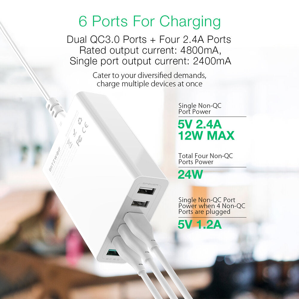 60W 6-Port USB Charger, Dual QC3.0, Desktop Charging Station, EU Plug Adapter