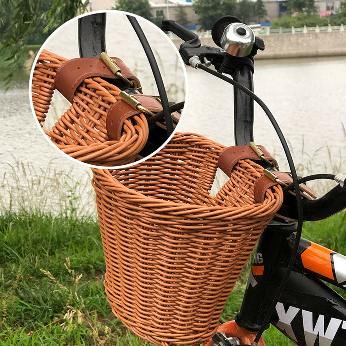 Kids Children's Rattan Bicycle Bike Front Basket Leather Strap Shopping Storage Case Kids Bike DIY Accessories