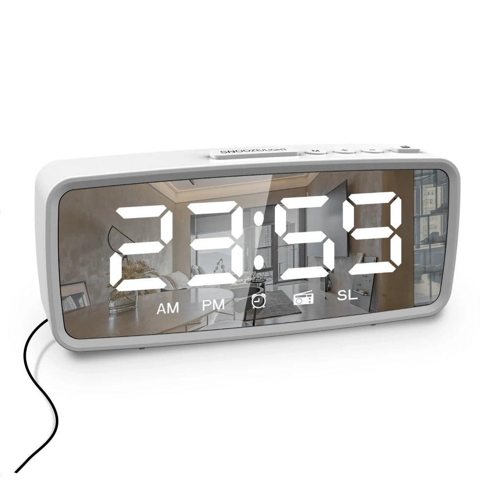 USB-Rechargeable LED Mirror Digital Alarm Clock with Snooze Mode