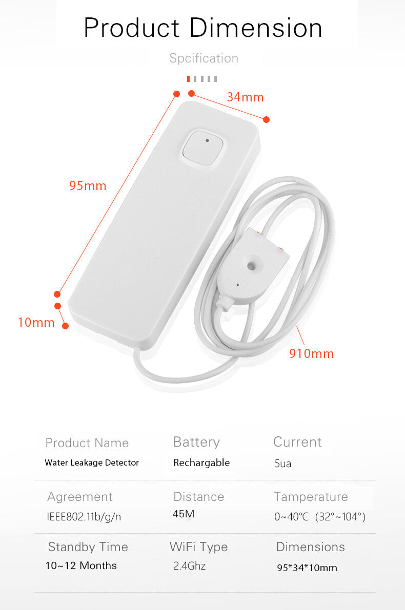 WiFi Smart Home Water Leakage Sensor Rechargable APP Notification Water Level Detector Alarm House Remote Control