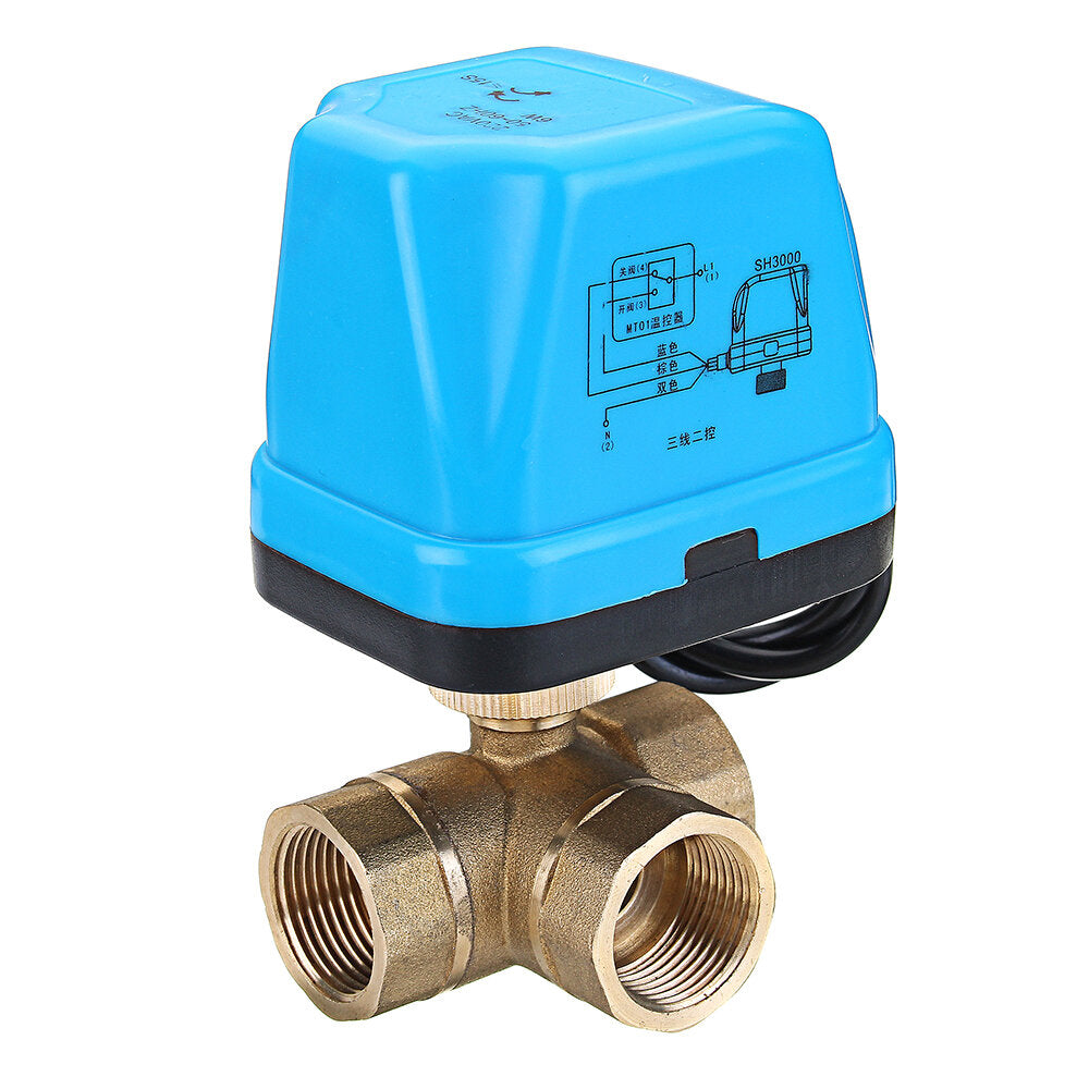 1/2" 3/4" 1" Blue Shell 3 Way Motorized Electric Brass T Ball Valve 3 Wire AC 220V Full Port