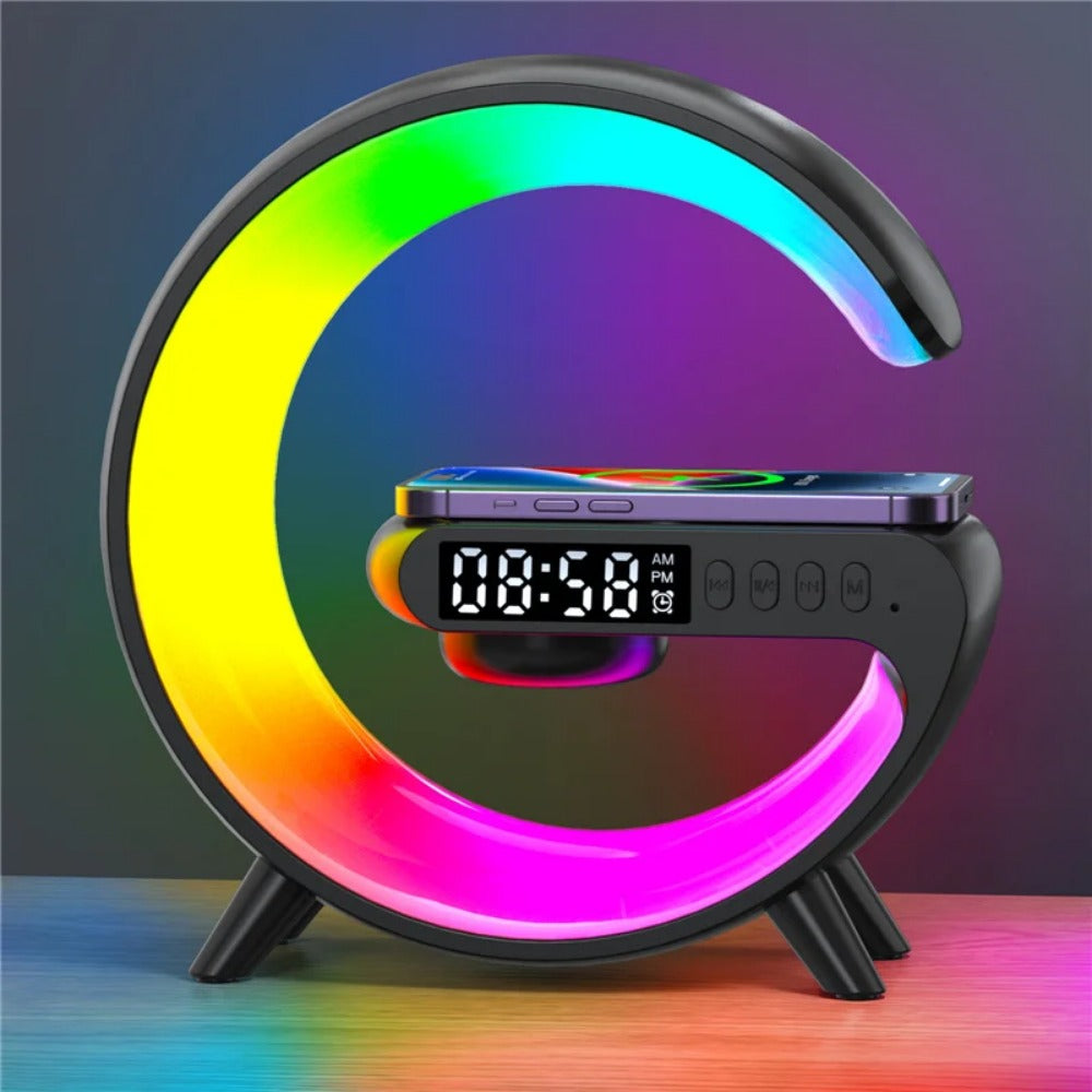 Wireless Charger Stand Speaker with RGB Night Light, Alarm Clock, Fast Charging for iPhone Samsung Xiaomi