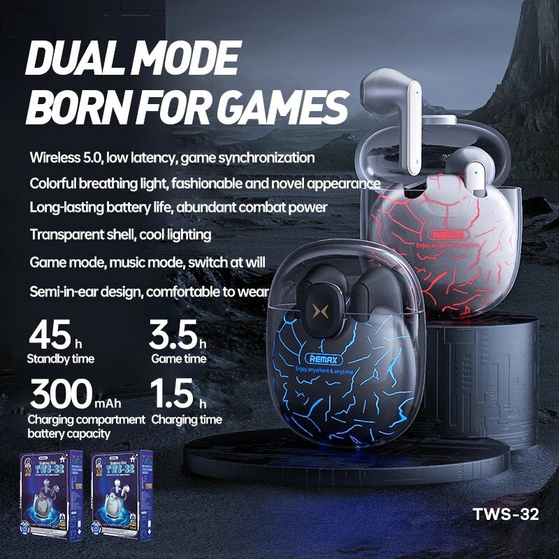 bluetooth 5.0 Earbuds Headset 30MS Ultra-Low Latency Gaming Cool Lighting Stereo Sound Music Game Dual Mode Earphones with Mic