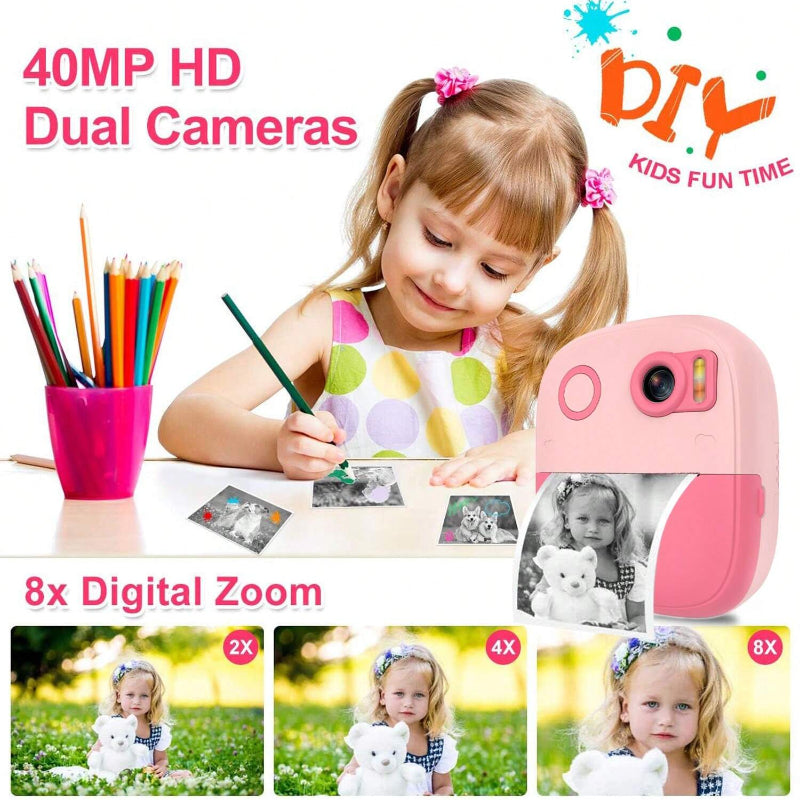 Instant Print Camera with 3 Rolls of Paper - 1080P HD Video, Rechargeable, Zero Ink Technology