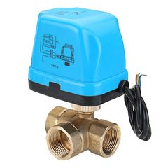 1/2" 3/4" 1" Blue Shell 3 Way Motorized Electric Brass T Ball Valve 3 Wire AC 220V Full Port