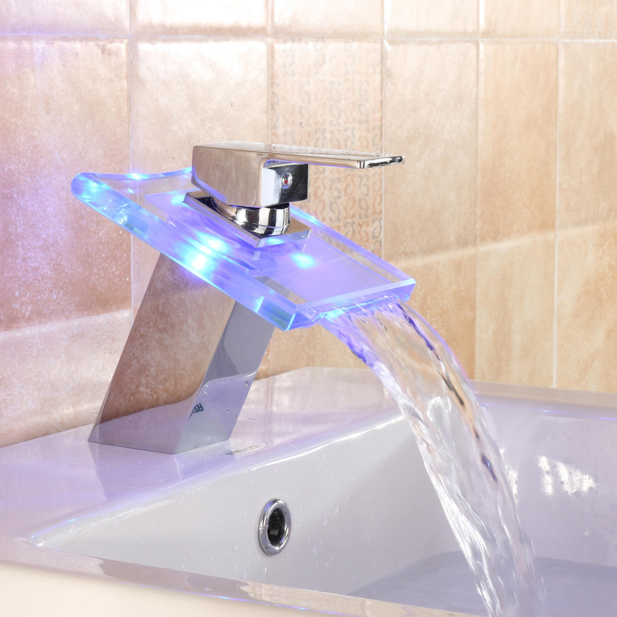 LED Color Changing Waterfall Faucet Bathroom Sink Glass Basin Bathtub Mixer Tap