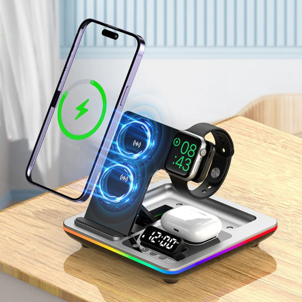 5-in-1 15W RGB Wireless Charger with Alarm Clock for iPhone, Xiaomi, Hui, AirPods, Apple Watch