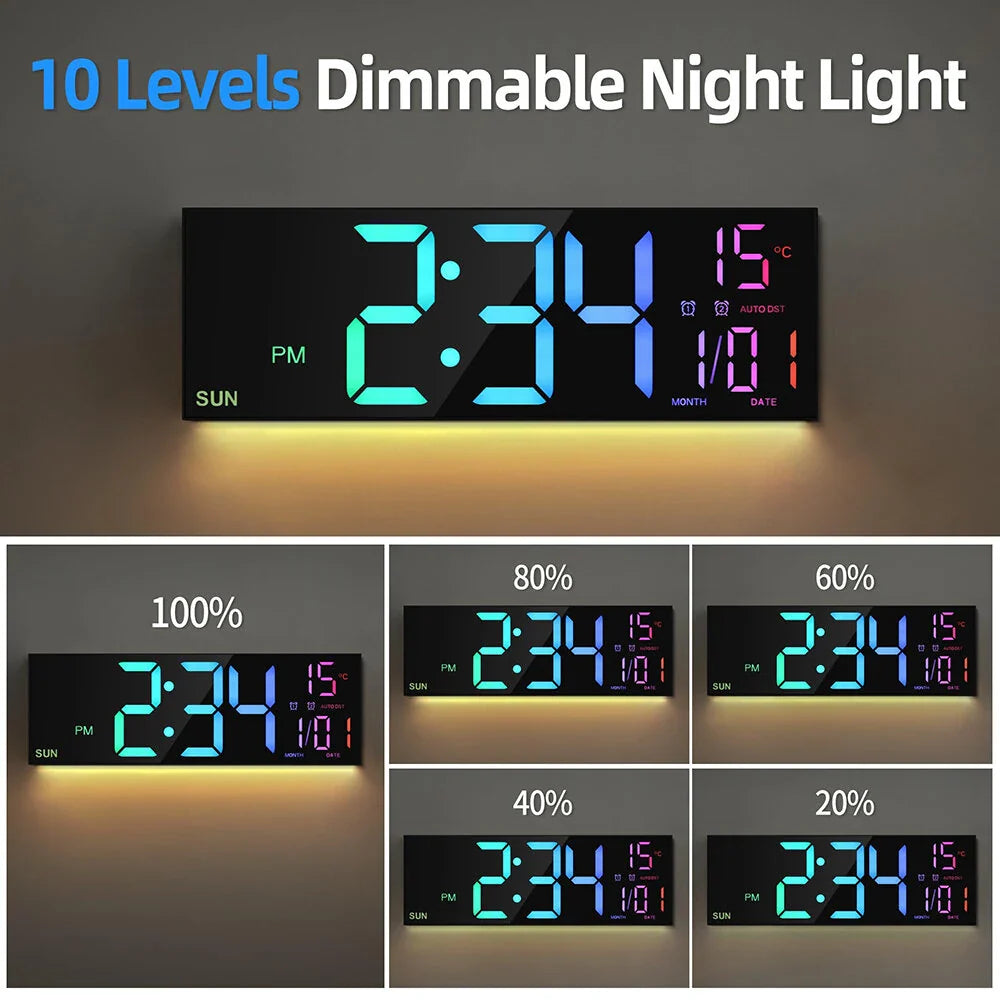 16" LED Digital Wall Clock with Remote, RGB Display, Auto Brightness, Date, Temperature - Ideal for Living Room, Bedroom, Office Decor