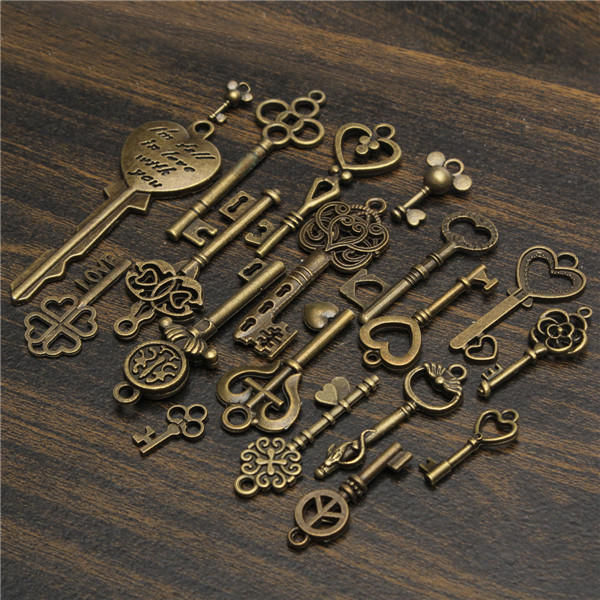 19Pcs Antique Vintage Old Look Skeleton Key Set Lot Pendant Heart Bow Lock Steampunk Jewel