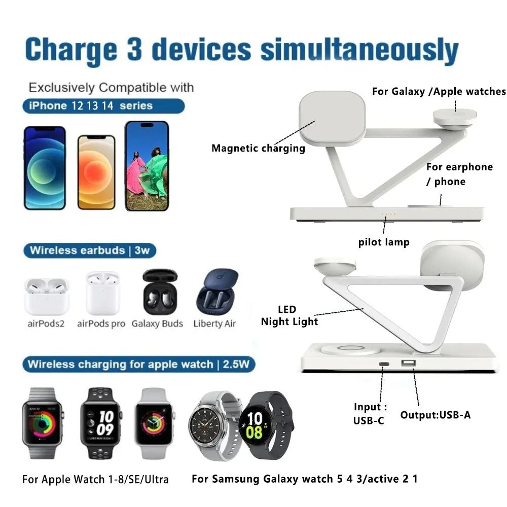 5-in-1 Magnetic Wireless Charger Stand for iPhone 14 13 12 X Samsung Galaxy Watch 15W Fast Charging Dock