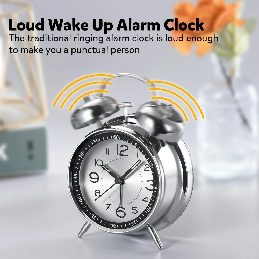 4-Inch Twin Bell Loud Alarm Clock for Heavy Sleepers - Silent, Non-Ticking Quartz with Backlight