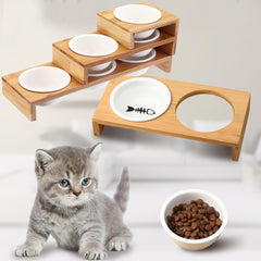 Elevated Dog Cat Bamboo Pet Feeder Ceramic Bowl Raised Stand 3 Size Durable