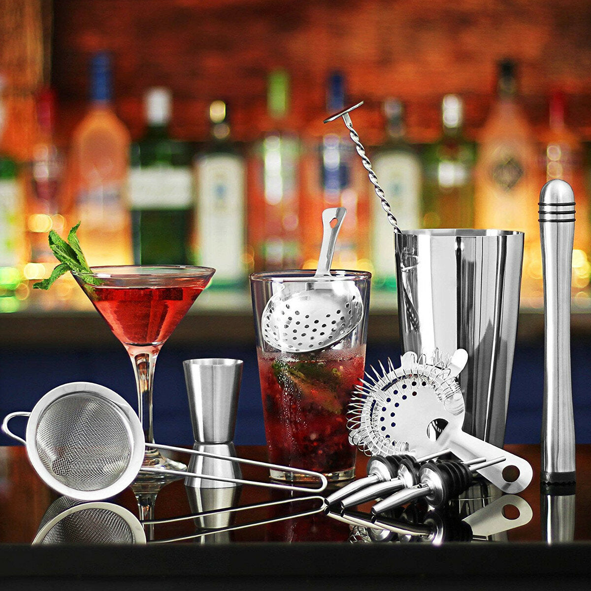 11pc Cocktail Shaker Set Mixer Martini Spirits Bar Spoon Jigger Strainer Stand Tools