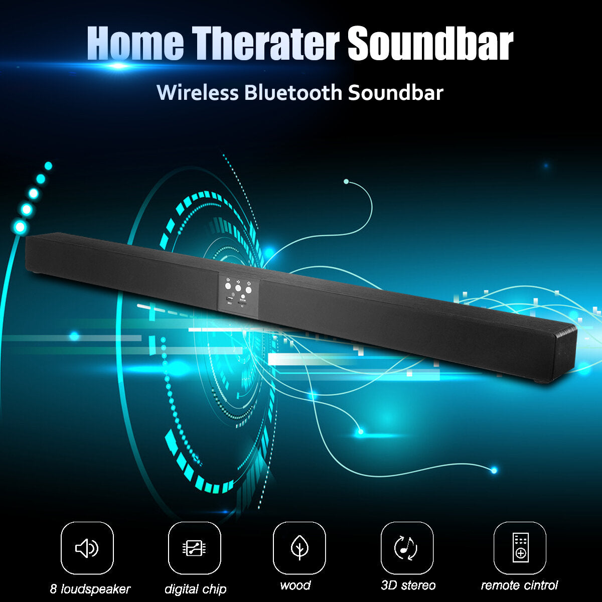 Bluetooth Soundbar Sound Wood 60W Speaker Home TV Theater 3D Player Soundbar Support TF Card Aux