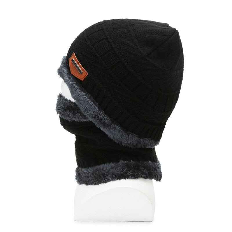 Winter Padded Hat Scarf Set Warm Knitted Cap Thick Fleece Lining Neck Warmer for Men Women