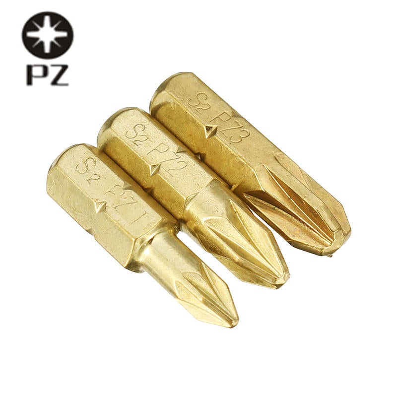 3pcs 25mm PZ1-PZ3 Pozi Screwdriver Bits 1/4 Inch Hex Shank Electroplating Bronze