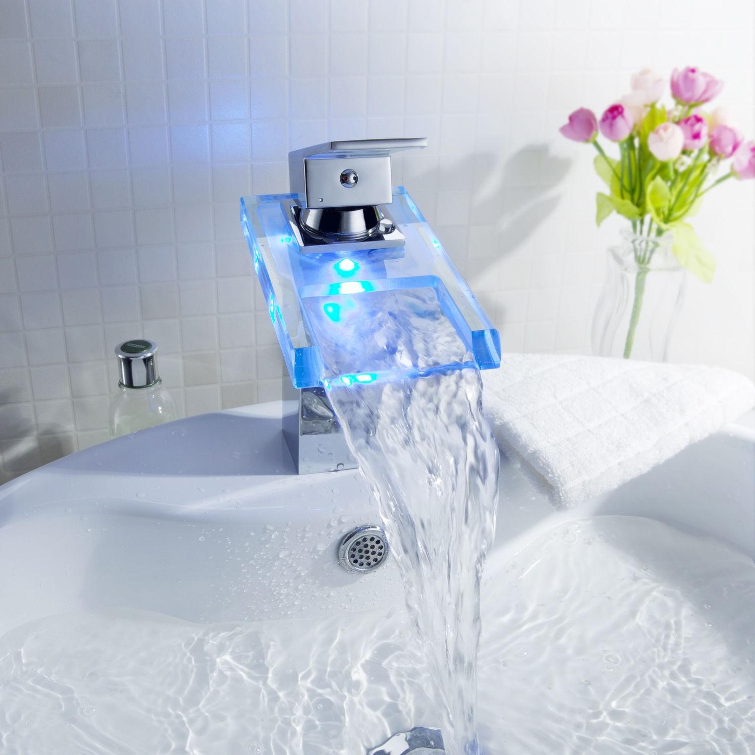 LED Bathroom Sink Faucet Waterfall Water Flow Chrome One Hole/Handle Vessel