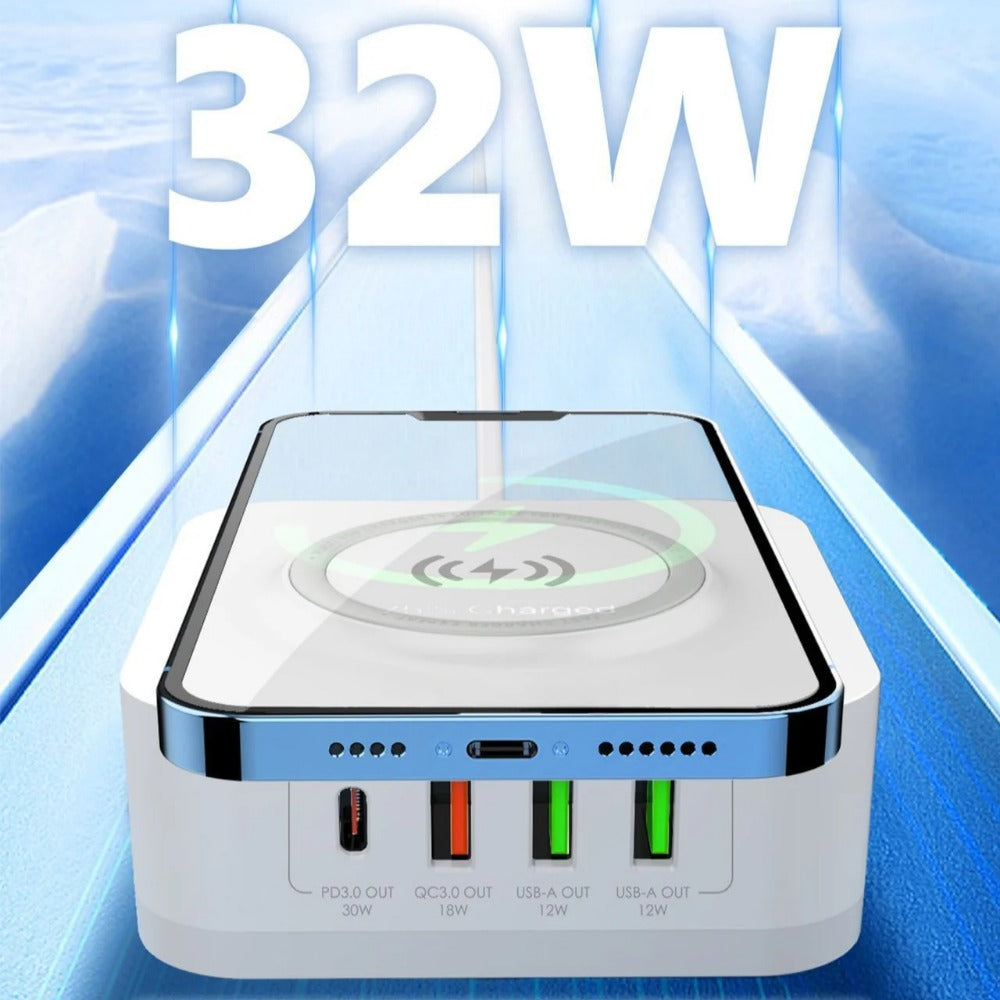 Fast Wireless Charger 30W PD3.0, 18W QC3.0, Dual USB-A, EU Plug for iPhone 14 Pro Max, Samsung S22, P50