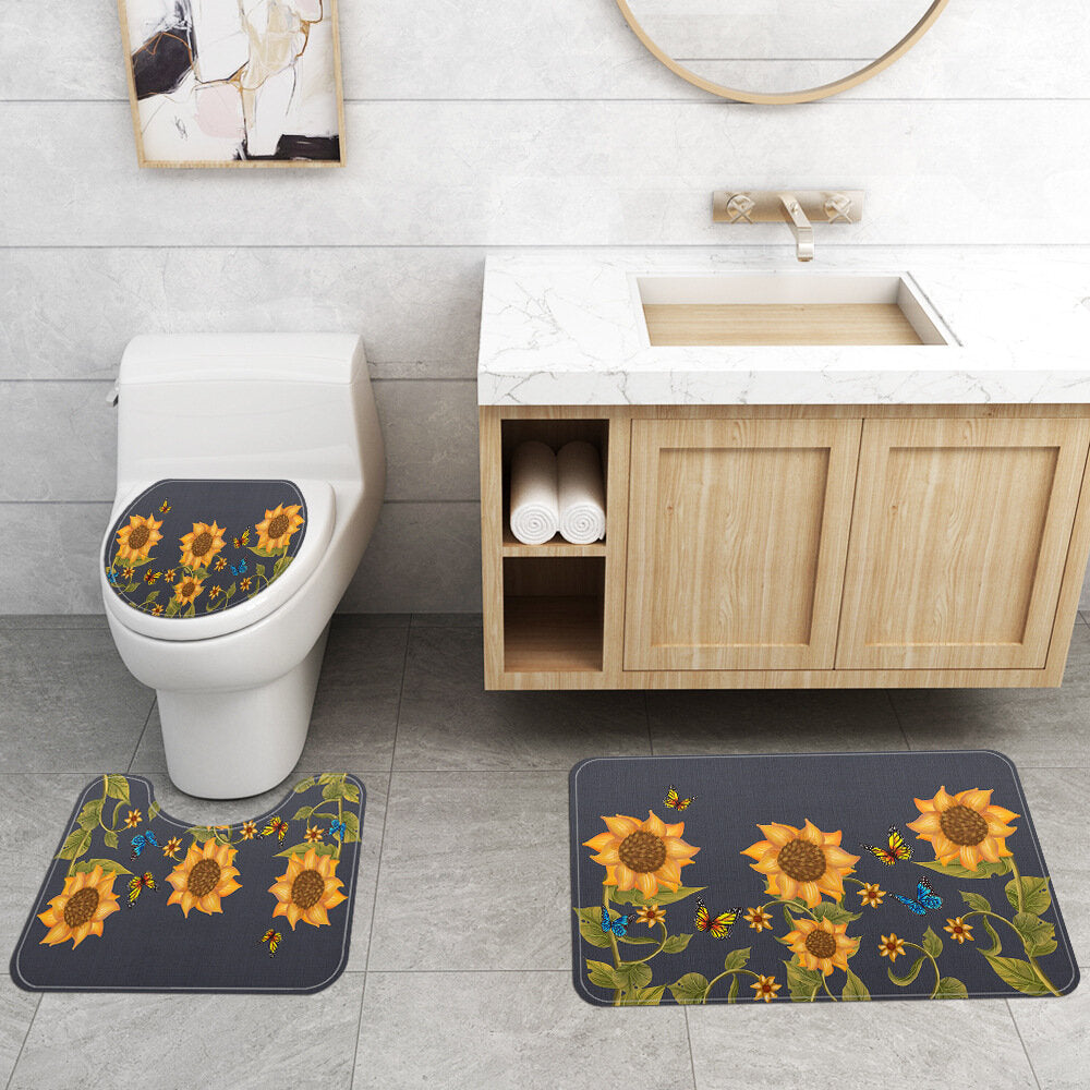 Sunflower Style Waterproof Toilet Seat Cover Shower Curtain Non Slip Rug