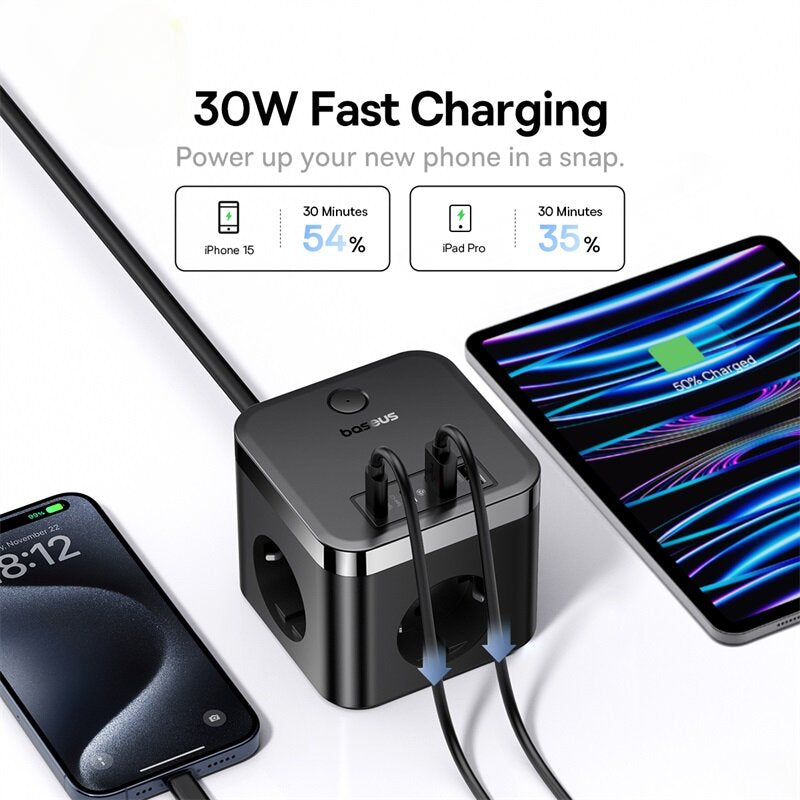 30W 7-Port USB Power Strip: 3AC+2USB-A+2USB-C Fast Charger for iPhone, Hui, Samsung