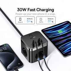 30W 7-Port USB Power Strip: 3AC+2USB-A+2USB-C Fast Charger for iPhone, Hui, Samsung