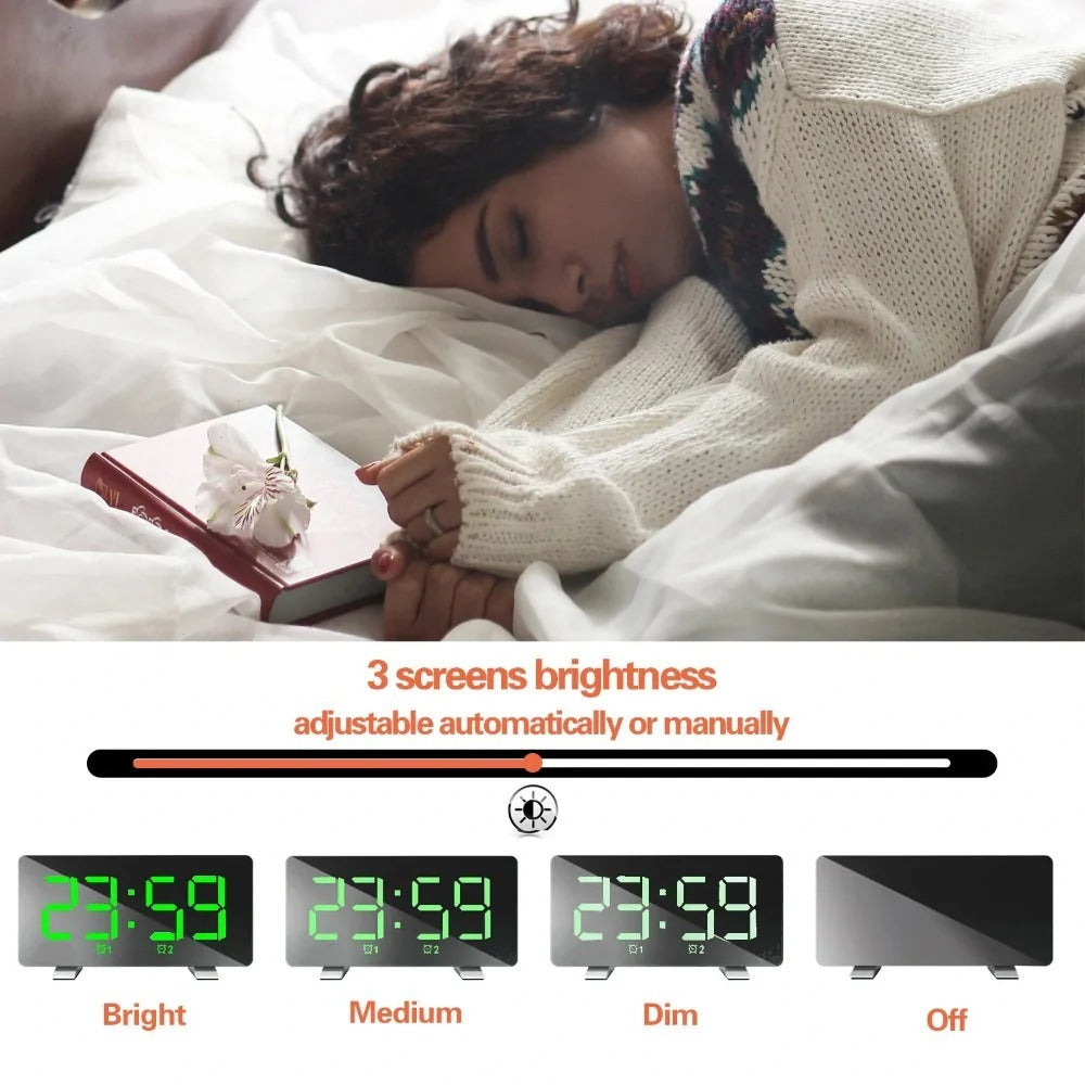 LED Digital Alarm Clock with Mirror, USB Charging, Adjustable Brightness, 10 Music Options, and Memory Function