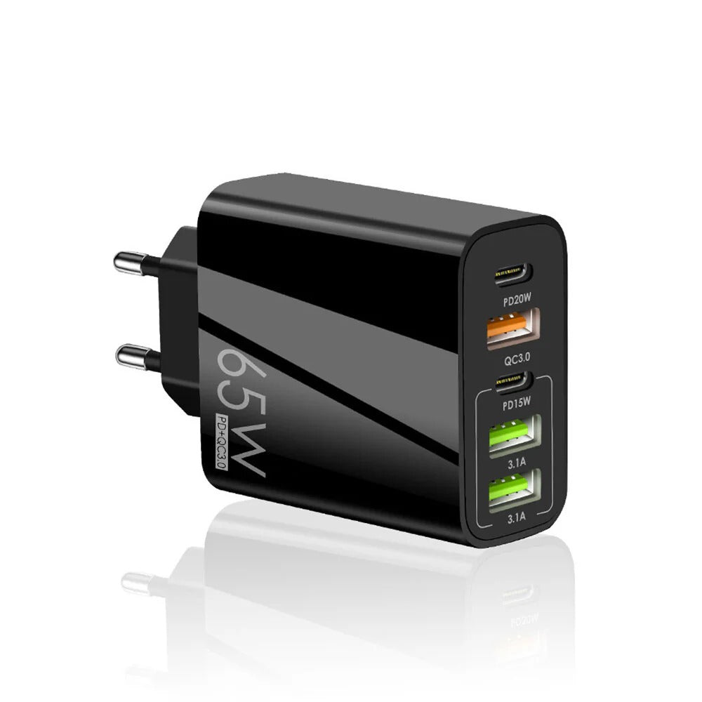 65W 5-Port USB PD Charger, Fast Charging Wall Adapter, EU Plug for iPhone, Samsung, Redmi, Oppo