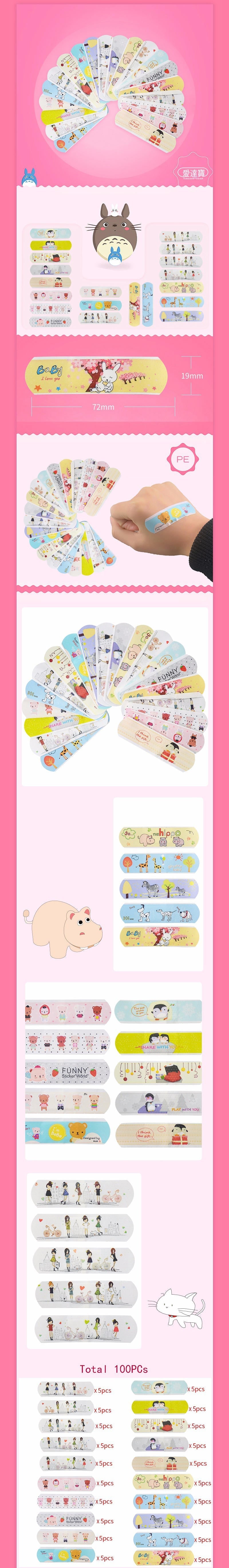 100Pcs Waterproof Breathable Cute Cartoon Band Aid Emergency Kit For Kids Children