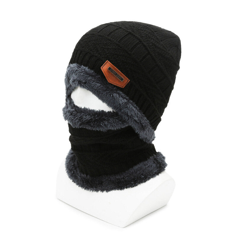 Winter Padded Hat Scarf Set Warm Knitted Cap Thick Fleece Lining Neck Warmer for Men Women