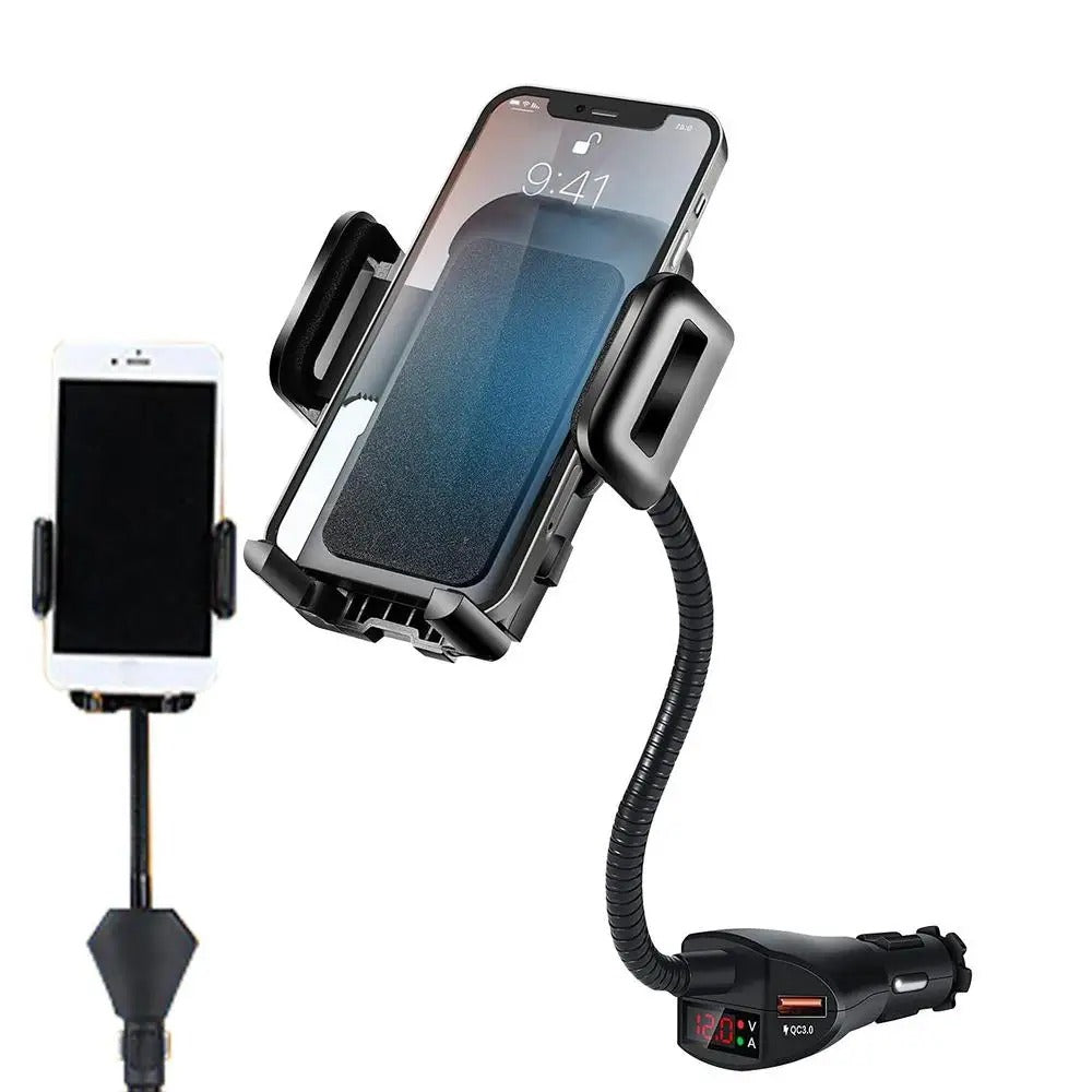 3-in-1 Car Cigarette Lighter Phone Holder & Dual USB Charger with Voltage Detector