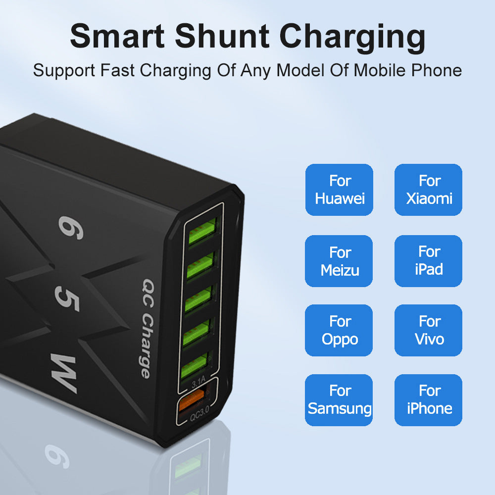 65W 6-Port USB Charger, QC3.0 Fast Charging Adapter for iPhone, Samsung, Hui, Oppo, Redmi