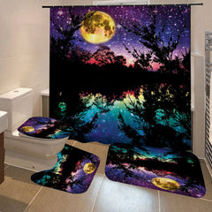 Waterproof Shower Curtain Dark Night Print Non-Slip Toilet Mat Cover Rug Set