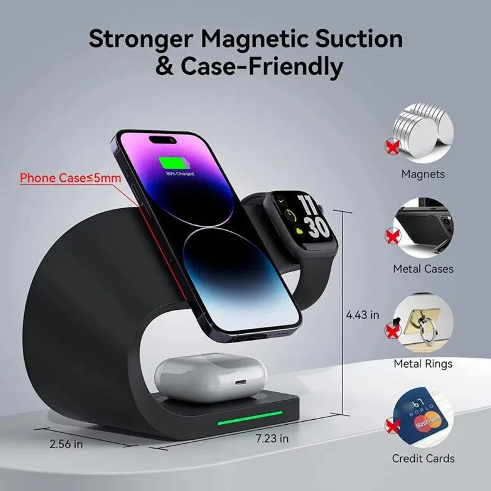 15W Magnetic Wireless Charger Stand for iPhone 14/13/12, iWatch, AirPods