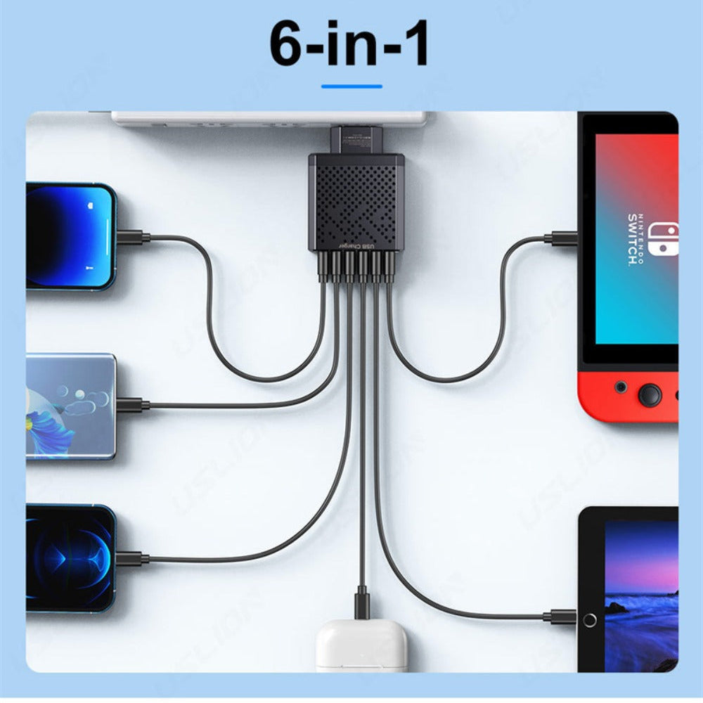 6-Port USB Charger QC3.0 Fast Charging Adapter EU Plug for iPhone, Xiaomi, Hui, Samsung