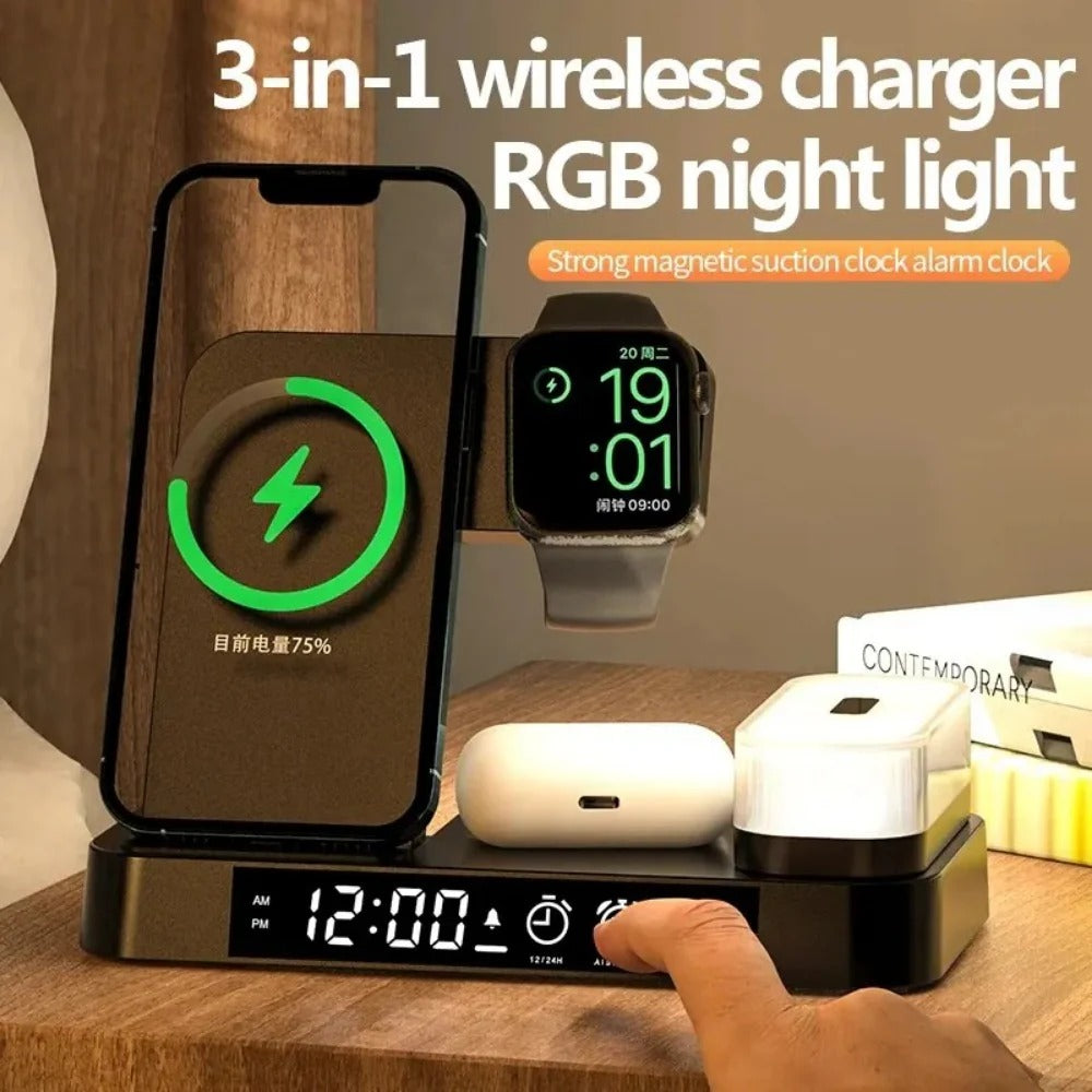 30W 3-in-1 Wireless Charger Stand with Alarm Clock & Night Light for iPhone & Samsung