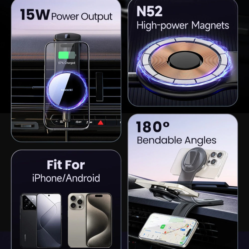 Magnetic Car Phone Holder 15W Wireless Charger for iPhone 15-12, Samsung S23