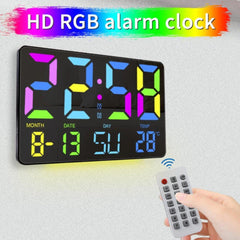 RGB Rainbow Digital Wall Clock with LED Display, Snooze, Remote, Auto Brightness, Temperature, Date, Week, 12/24H - Ideal for Home, Office, Classroom