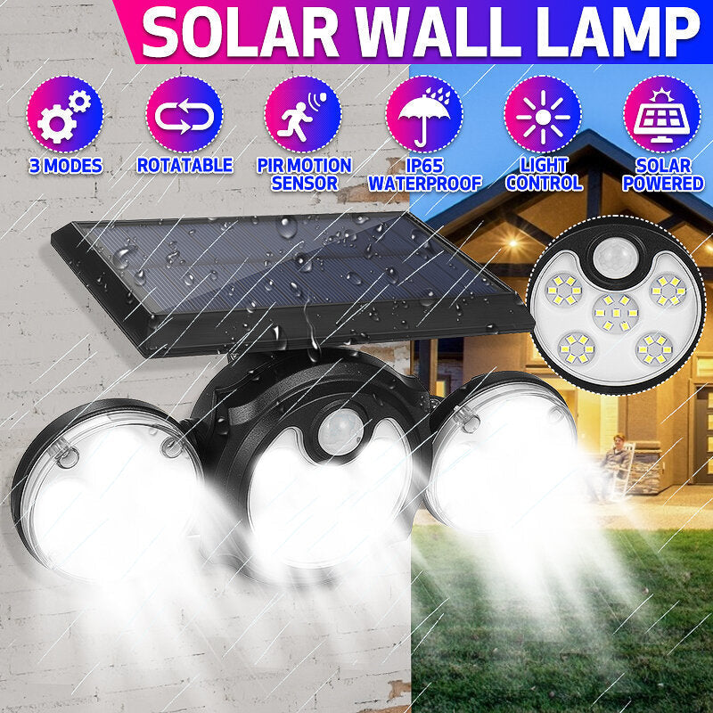 LED Solar Wall Light Three-Head Rotatable Outdoor Waterproof Garden Light with Human Body Induction 2400MAH IP65