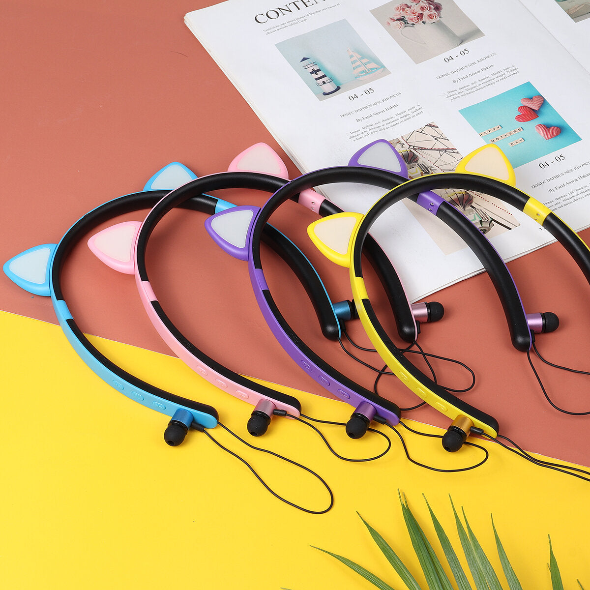 Colorful Wireless bluetooth 5.0 Earphone Cat Ears Shape Cute Neckband Headphone Headset with Mic