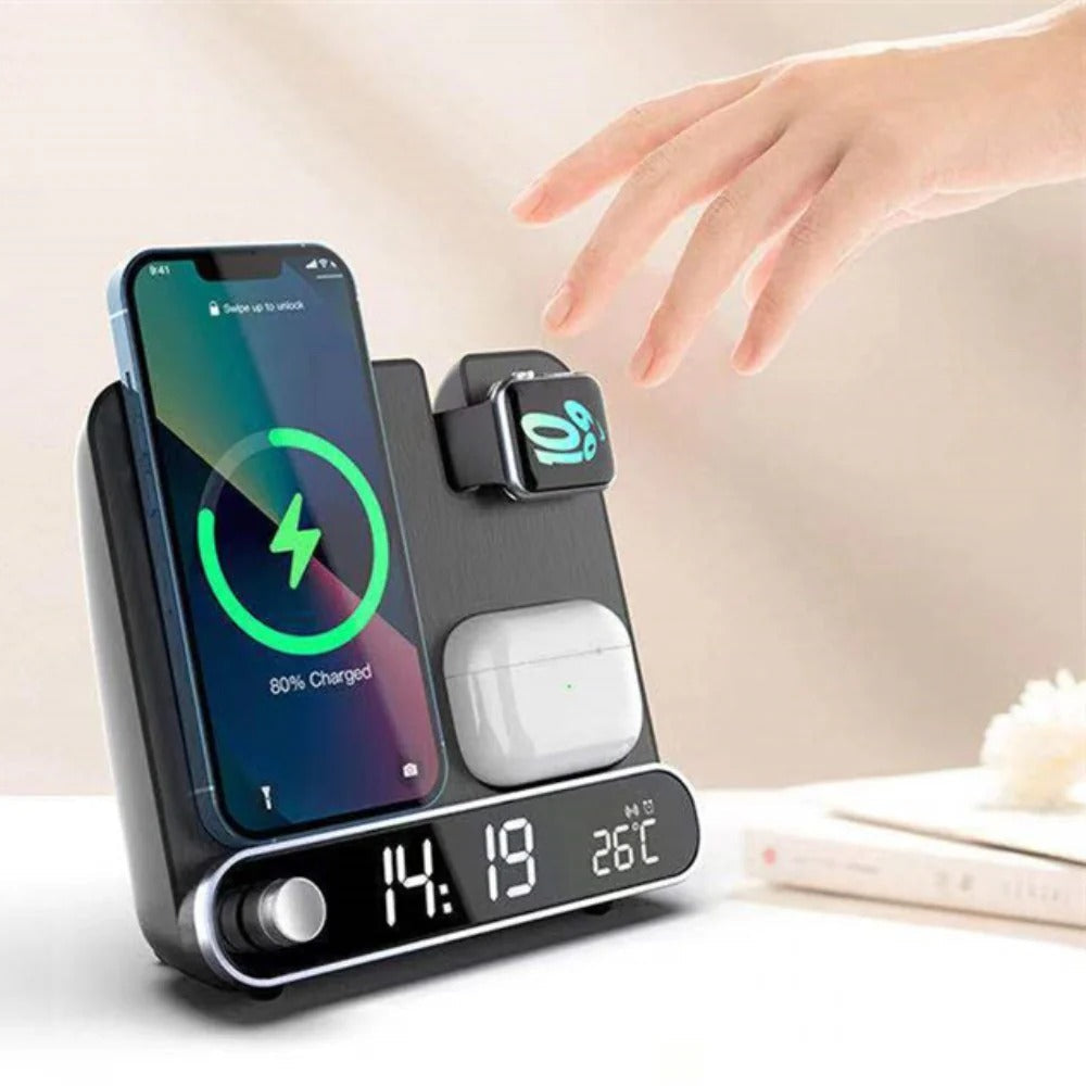 15W 3-in-1 Wireless Charger with Alarm Clock for iPhone, Samsung, Hui, AirPods, iWatch